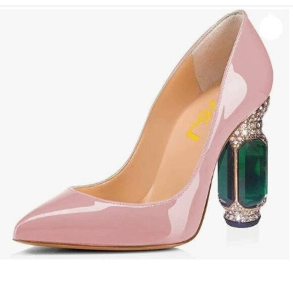 FSJ Pink Patent Pointed-Toe Pumps with Emerald Jewel Block Heel